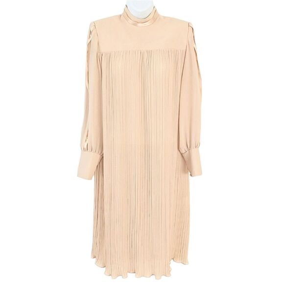 VINTAGE Pleated Midi trapeze Dress with high neck Beige neutral tone Small @L - Picture 1 of 12